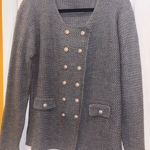 MILAN KISS DARK GRAY DOUBLE BREASTED SWEATER 12 SILVER BUTTONS ACRYLIC WOOL XL